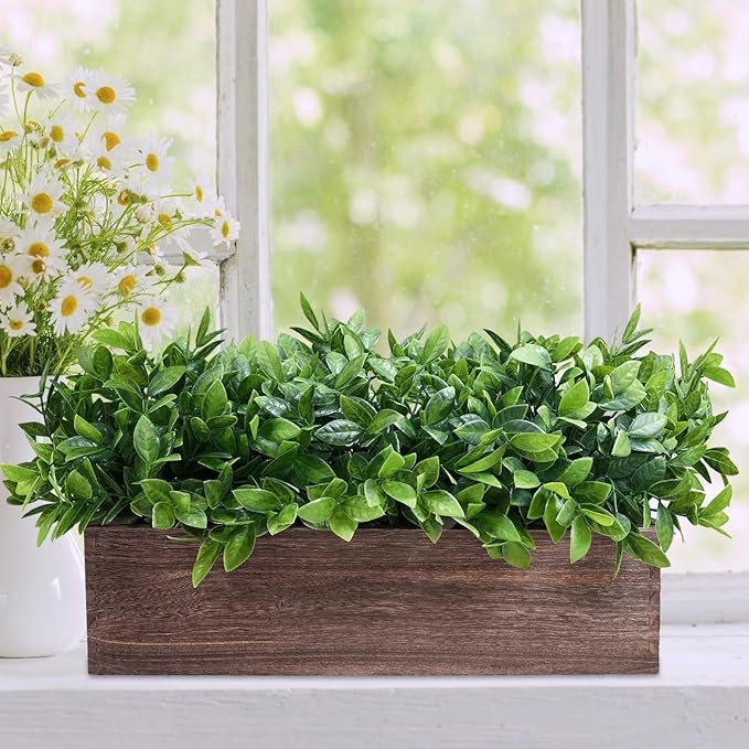 Winlyn 14" Artificial Boxwood Plants in Rectangular Wood Planter Farmhouse Greenery Arrangement Centerpiece Faux Potted Herb Plant for Wedding Dining Room Table Kitchen Windowsill Mantel Shelf Décor