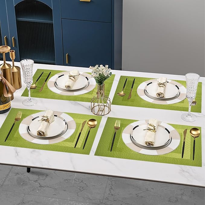 PIGCHCY Placemats Washable Woven Vinyl Durable Placemats for Dining Table,Easy to Clean Plastic Placemats Set of 6 (18 x 12 inches, Lime Green)
