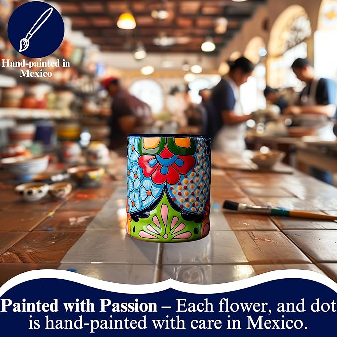Talavera Utensil Holder - Hand Painted Ceramic Spoon Crock - Colorful Utensil Crock - Large Mexican Spoon Rest 6" H (Cobalt Blue)