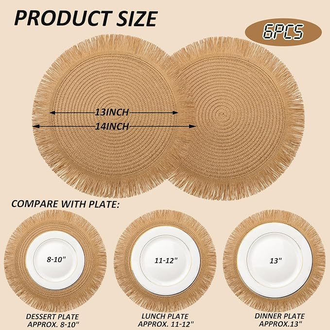 6 Pack15 Inch Round Woven Placemats Brown Boho Washable Braided Straw Placemats with Fringe Bohemian Rustic Table Mats for Dining Table Nonslip Plate Farmhouse Kitchen Decor