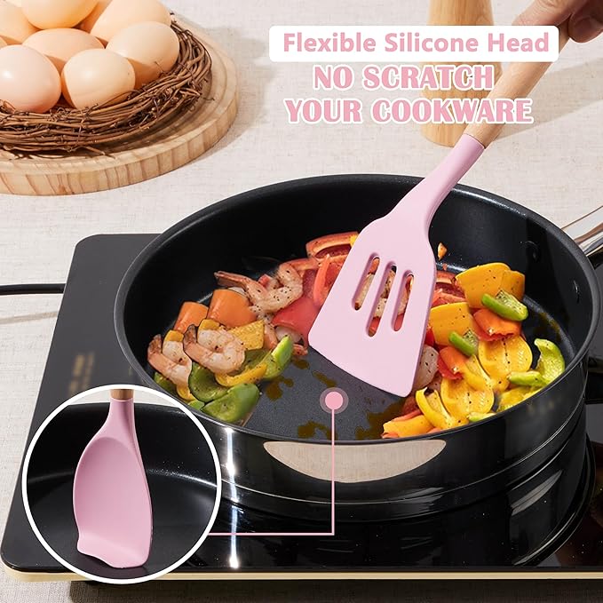E-far Silicone Cooking Utensils Set, 10-Piece Kitchen Utensils Set with Wooden Handle for Cooking, Non-toxic Silicone Kitchen Nonstick Tools Spatula Whisk Tongs Ladle, Heat Resistant & Health, Pink