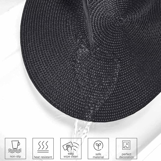 AHHFSMEI Round Placemats Set of 8 Heat Resistant Washable Non-Slip Woven Braided Table Mats for Dining Table Kitchen & Home Decor (Black,8)