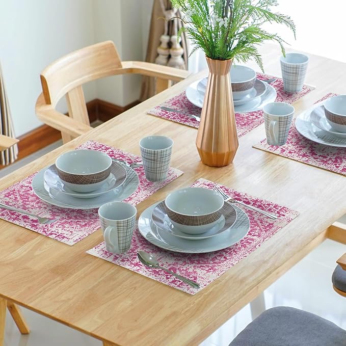 Gray Hot Pink Boho Placemats Set of 4 Ethnic Bohemian Carpet Place Mats Washable Kitchen Dining Vintage Grey Geography Floral Linen Table Mats Stain Heat-Resistant for Home Party Indoor 12x18 in