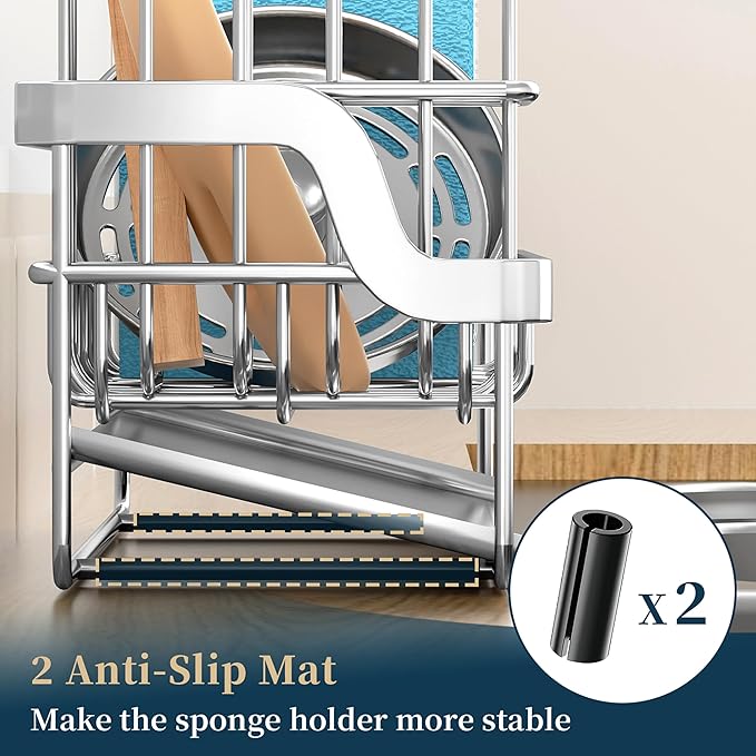 Consumest Sponge Holder for Kitchen Sink - Sink Caddy with Stainless Steel Self Drain Tray, Sink Organizer with High Brush Holder Countertop for Kitchen Sink Accessories, Silver