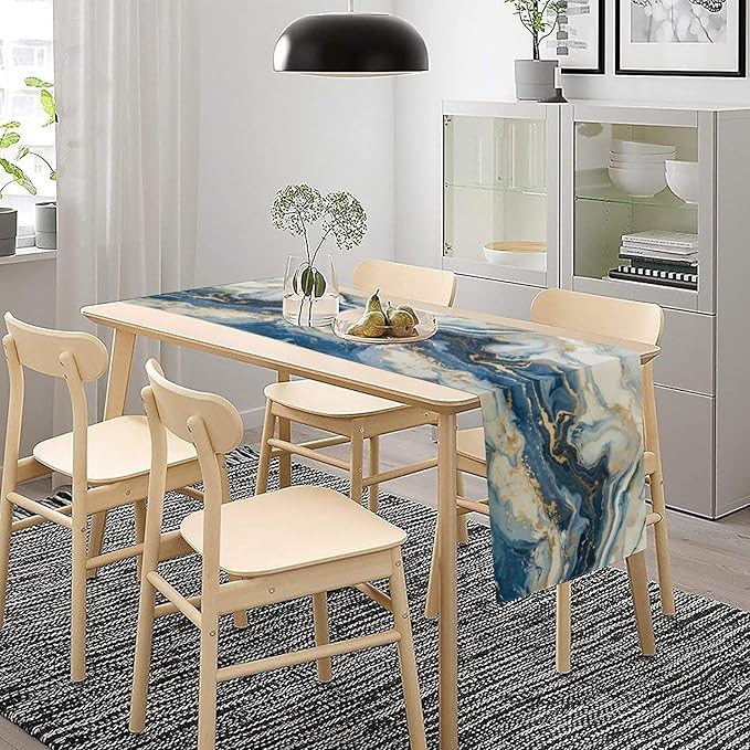 Marble Table Runner, Modern Luxury Foil Texture Blue White Gold Marble Printed Linen Table Runners for Kitchen Living Room Farmhouse Dining Room Party Home Decor 13" W x 36" L