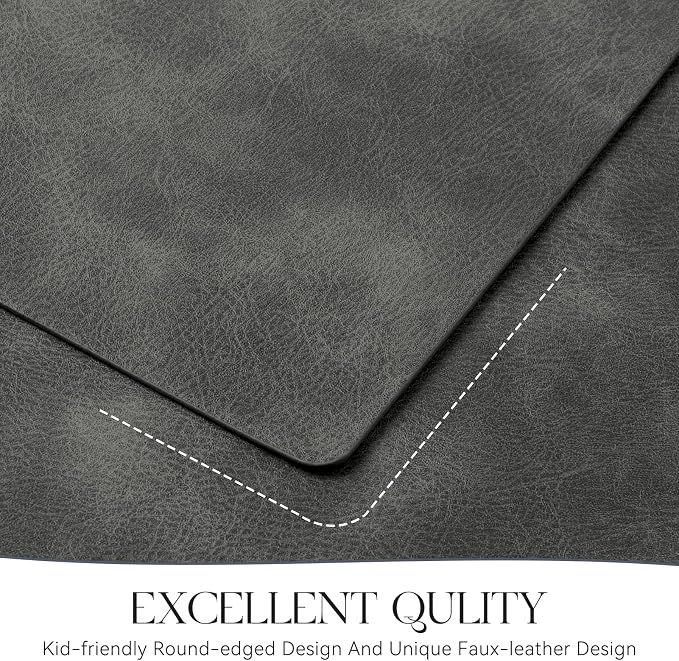MOSAYT Vinyl Placemats Set of 8-12 X 17 Inch - Faux Leather 100% Waterproof Oil-Proof Wipeable PU Place Mats, Heat Resistant Reversible Table Mats for Kitchen, Dining, Outdoor, Dark Grey
