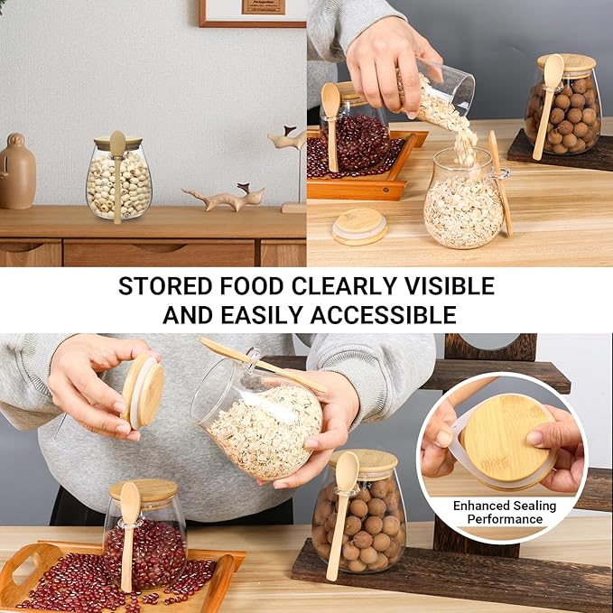 Glass Storage jars with Bamboo Lids and Spoon -38 oz Airtight Storage Containers Glass jar,Wide Mouth,Leak-Proof,Comes Suitable for Coffee Beans, Tea Leaves,Grains, Dried Fruits (Large4PCS)