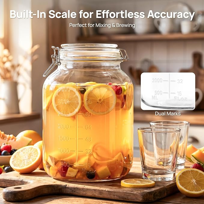 Vtopmart 2 Pack 1.1 Gallon Glass Storage Jars with Airtight Clamp Lids, 140oz Square Canisters with Wide Mouth & Measurement Marks, Large Food Containers for Flour, Sugar, Rice, Pickling & Fermenting