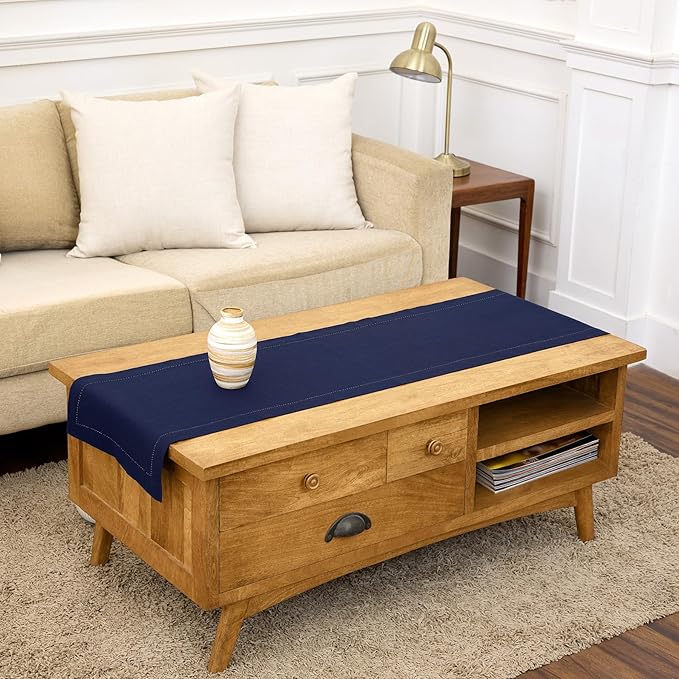 Solino Home Linen Navy Blue Table Runner 60 Inches - Classic Hemstitch, 100% Pure Linen Coffee Table Runner 14 x 60 Inch Ideal for Dresser Tables - 4th of July