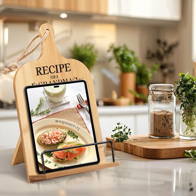 Christmas Gifts for Grandma Retirement Gifts Cookbook Stand Bamboo Recipe Book Holder Kitchen Gifts for Women Adjustable Non-Slip Cook Book Stand for Kitchen Counter