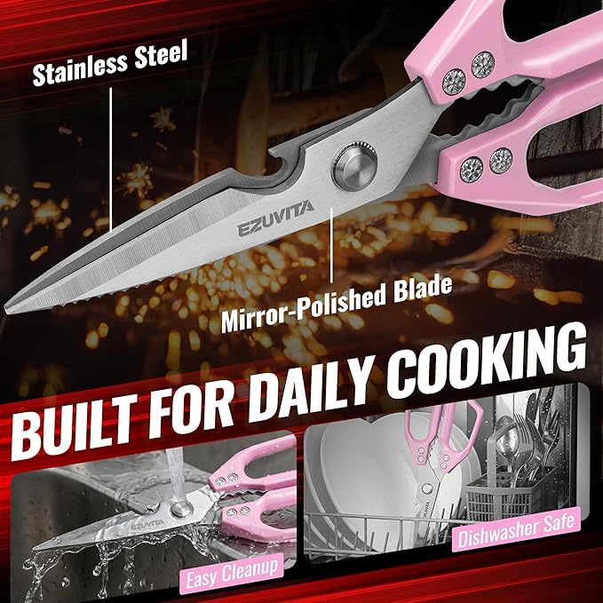 5-in-1 Multifunctional Heavy-Duty Korean Kitchen Scissors with Tweezer, Pink All Purpose Kitchen Shears with Stainless Steel Blades, Dishwasher Safe Bone Cutting scissors for Meat, Vegetables
