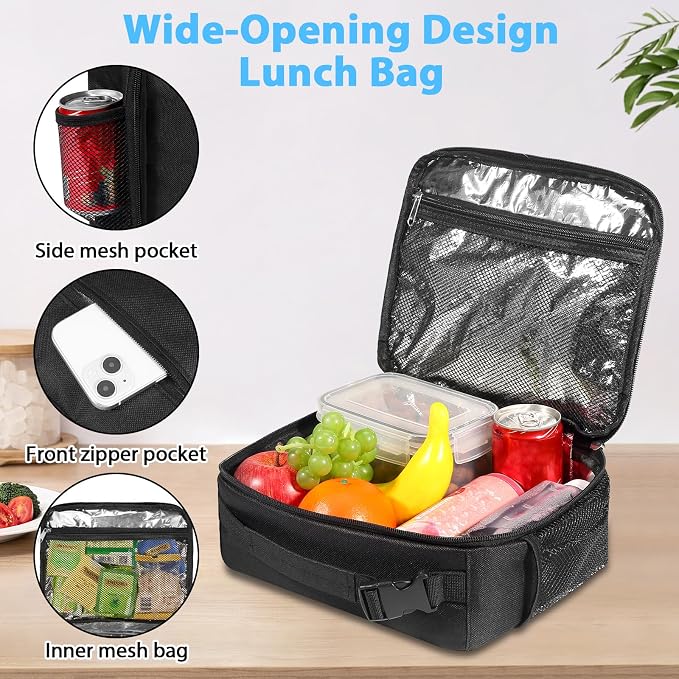 VZZNN 12 Pack Lunch Box Lunch Bags, Insulated Reusable Tote for Adults Men & Women - Leakproof Cooler Bag for Work, Office, Picnic & Travel (Black)