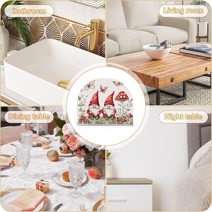 Fustylead Cute Red Gnomes with Mushroom Butterflies Napkin Holder for Table Acrylic Cocktail Napkin Holders Small Decorative Napkin Dispenser for Home Party Holiday Dining Kitchen Accessories