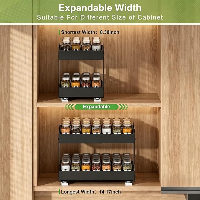 Across-Star Expandable Pull Out Drawers For Shallow Cabinets, 2-Tier Slide Out No Drill Adhesive Kitchen Cabinet Organzier, Adjustable Roll Out Sliding Shelf For Short Upper Cabinet Pantry