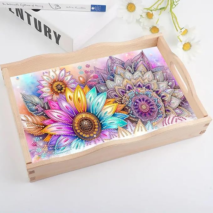 BAYUNOE DIY Diamond Serving Tray Christmas Rectangular Breakfast Tray with Handle Handmade Diamond Art Painting Wooden Tray for Dinner Plate Coffee Room Living Home Organizer-Mandala