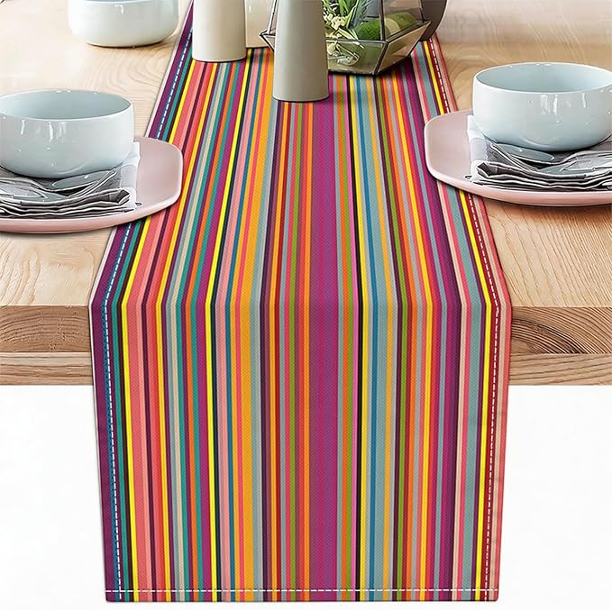 Niviy Bright Colorful Striped Mexican Table Runner, 12x72 Inch Cinco De Mayo Party Decorations, Rainbow Colored Geometric Pattern Table Runners for Holiday Party Kitchen Dining Room Decoration