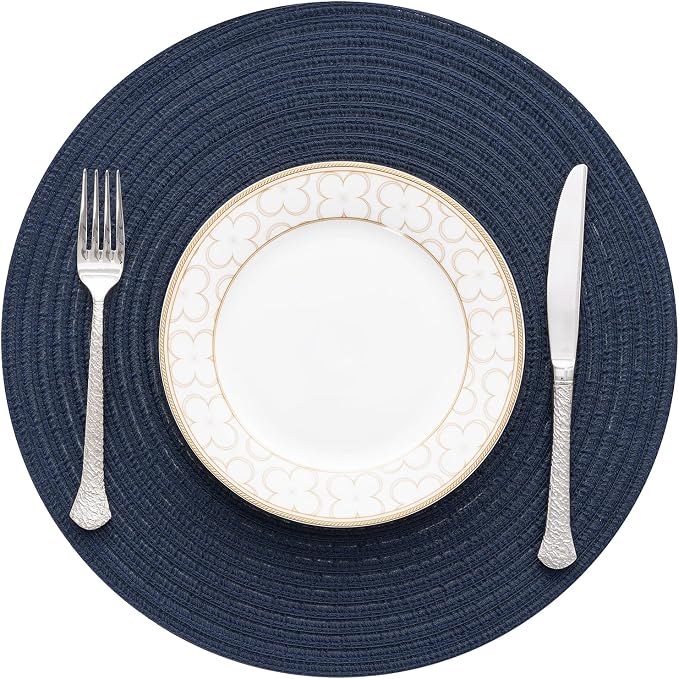 SHACOS Round Placemats Set of 4 Washable 15 inch Round Table Mats Cotton Polyester Woven Braided Place Mats for Dining Table, Navy