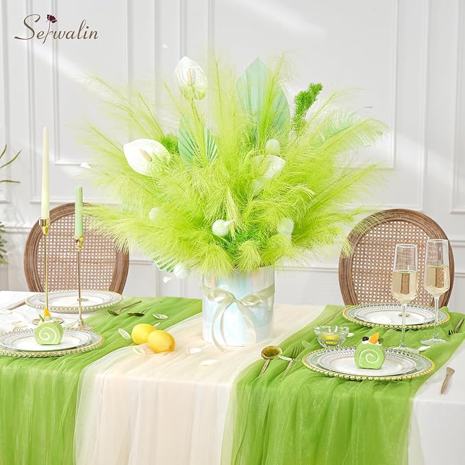 Serwalin 60PCS Pampas Grass Home Decor, 17.7Inch Light Green Faux Pampas Grass Bulk Boho Decor for Vase Filler for Home Wedding Table Centerpiece Christmas Decor