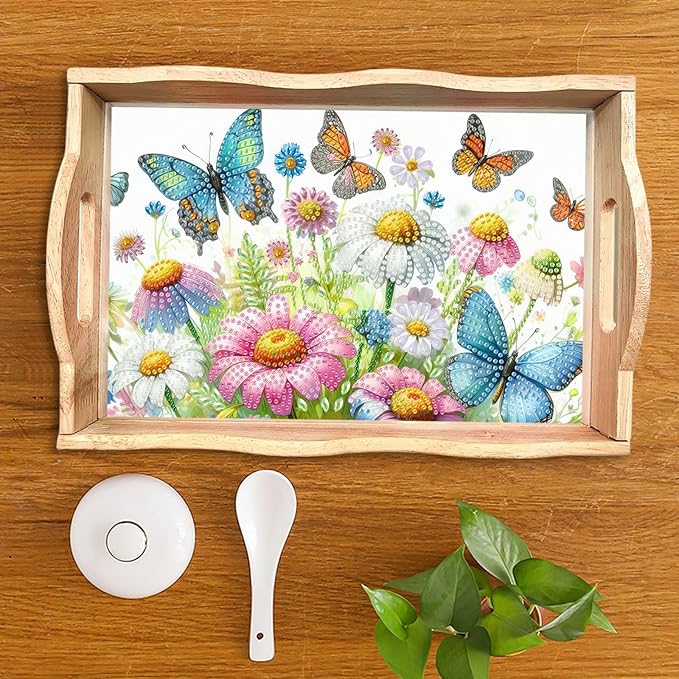 DIY Diamond Serving Tray Diamond Art Painting Creative Design Handmade Wooden Tray Dinner Plate for Coffee Breakfast Home Organizer-Flowers Butterfly