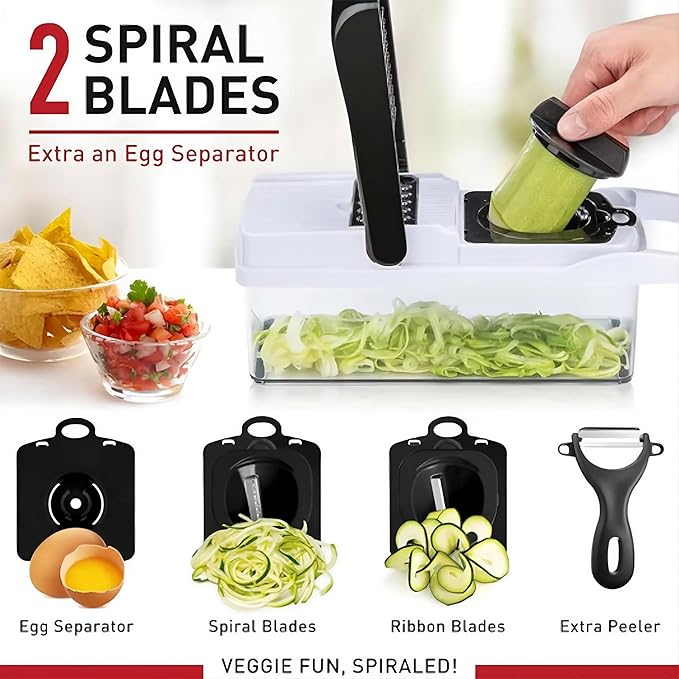 25-in-1 Vegetable Chopper, Onion Dicer, Food Slicer & Spiralizer with Container, Stainless Steel Blades, BPA-Free Multi-Function Kitchen Cutter for Meal Prep