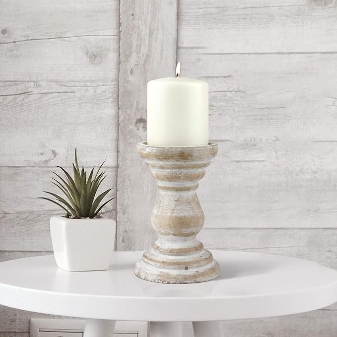 Stonebriar Antique White Wooden Pillar Candle Holder, Vintage Seaside Pillar Stand for Dining Table Centerpiece, Coffee Table, Mantel, Or Any Table Top, Medium
