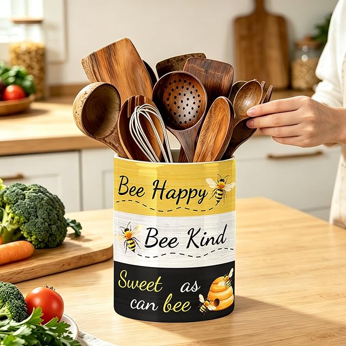 Bee Utensil Holder, Honey Bees Ceramic Kitchen Utensil Holder, Utensil Crock for Home Kitchen Countertop Storage Organizer Container, Large Holder for Spatulas, Spoons, Kitchen Counter Decor, 6"