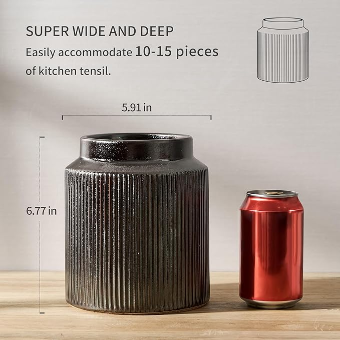 JIEMEI HOME Kitchen Utensil Holder, 6.77" Ceramic Farmhouse Stable Utensil Crock for Countertop, Vintage Style Cooking Tool Organizer with Cork Mat, Spatula Holder For Kitchen Decor, Black