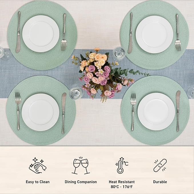 Winknowl 15 Inch Round Braided Placemats Set of 6, Washable Cotton Polyester Table Mats, Heat Resistant Non-Slip Place Mats for Kitchen Dining Table Decor (Mint Green,6pcs)