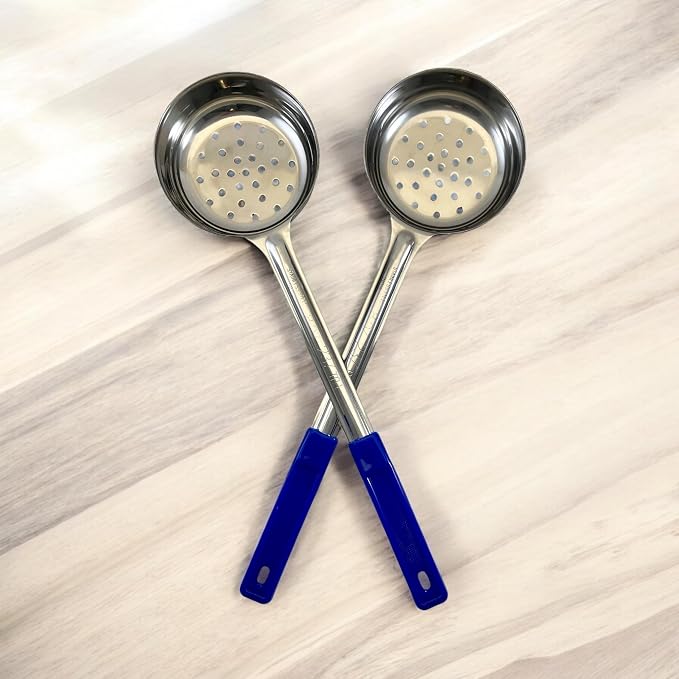 8 oz Slotted Stainless Steel Portion Control Ladle Spoon | Commercial-Grade Spoodle for Portioning & Draining - Pasta, Veggies & Buffet Service. Color-Coded by Size. Dishwasher Safe.