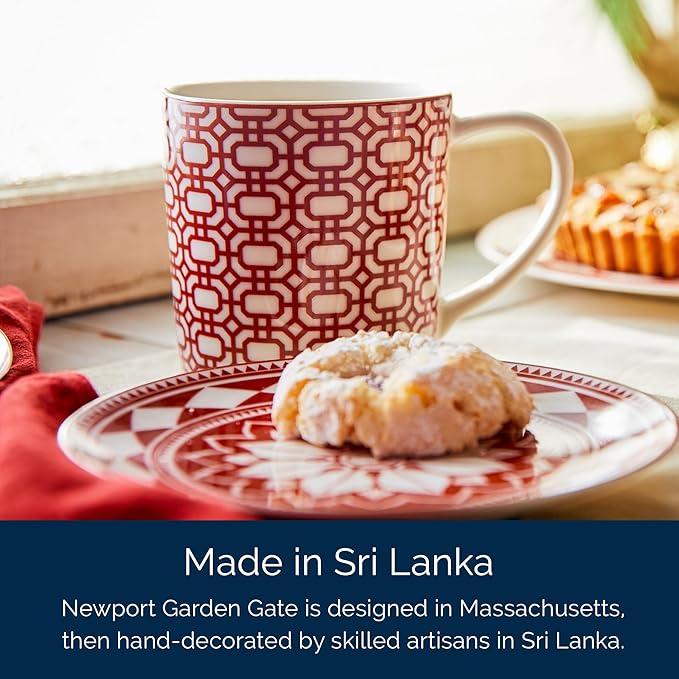 Caskata Newport Garden Gate Crimson Oversized Mugs Set of 4 | High-Design Lead-Free Porcelain Mug Set for Entertaining or Everyday | Unique Party Mugs for Wedding or Birthdays | 14 oz