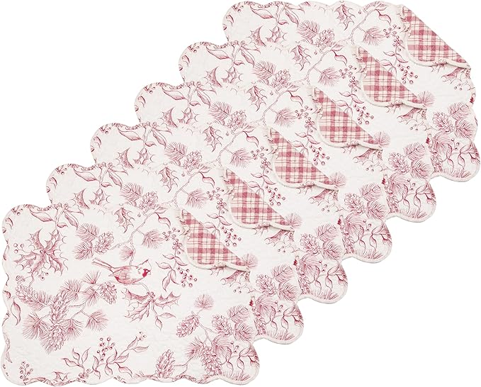 C&F Home Red Cardinal & Winter Branches Vintage Quilted 100% Cotton Set of 6 Rectangle Placemats 13" x 19" Christmas Xmas Festive Winter Holidays Home Kitchen Tabletop Machine Wash Decor Reversible