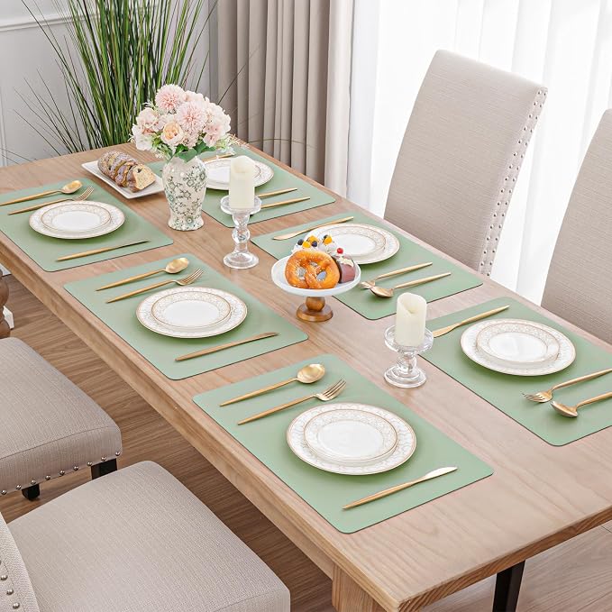 SHACOS Placemats Set of 6 Faux Leather Waterproof Leakproof Wipeable PU Non-Slip Vinyl Place Mats Heat Resistant Table Mats for Kitchen Dining Table Indoor Outdoor, Pale Green