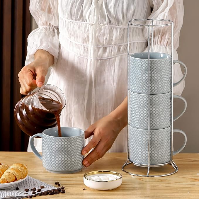 Hasense Coffee Mugs with rack, 15 Ounce Porcelain Stackable Large Ceramic Blue Coffee Cups Set of 4 with handle for Drinks Like Tea, Cappuccino, Milk, Mocha and Cereal, Microwave & Dishwasher Safe