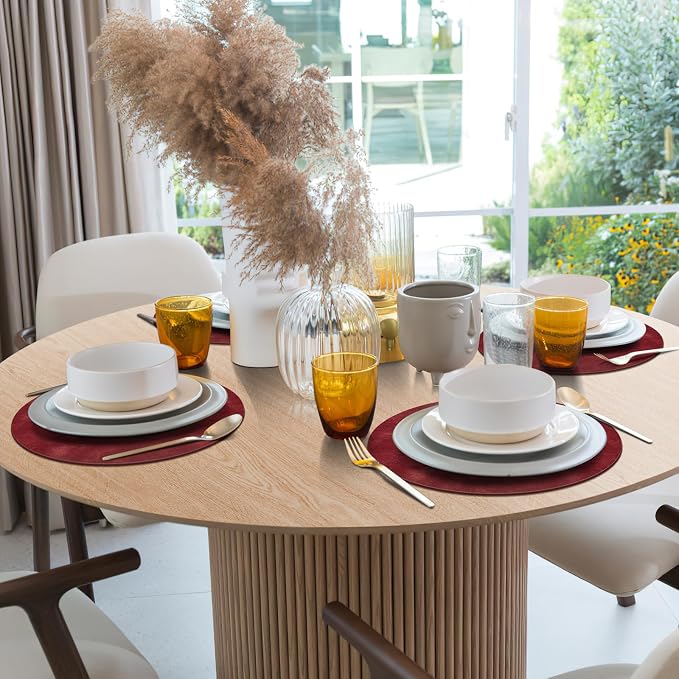 ADRIMER Placemats, Heat Resistant Round Placemats Set of 6 Washable, Waterproof Table Mats, Wipeable Faux Leather Place Mats for Kitchen, Dining Room, Wine Red