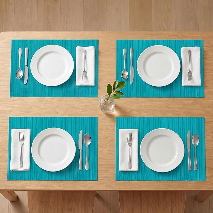 AHHFSMEI Placemats Set of 6 Woven Vinyl Non-Slip Heat Resistant Stain Resistant Easy Clean Place mats for Dining Table(Turquoise)