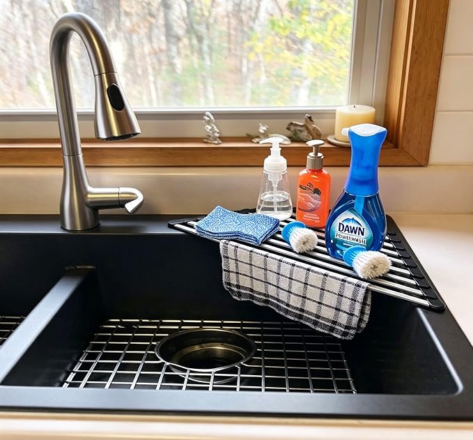 Ahyuan Corner Sink Dish Drainer over the Sink Dish Drying Rack Corner Dish Rack SUS304 Cubic Stainless Still Kitchen Sponge Holder Corner Sink Sponge Caddy Dish Rack (Black)