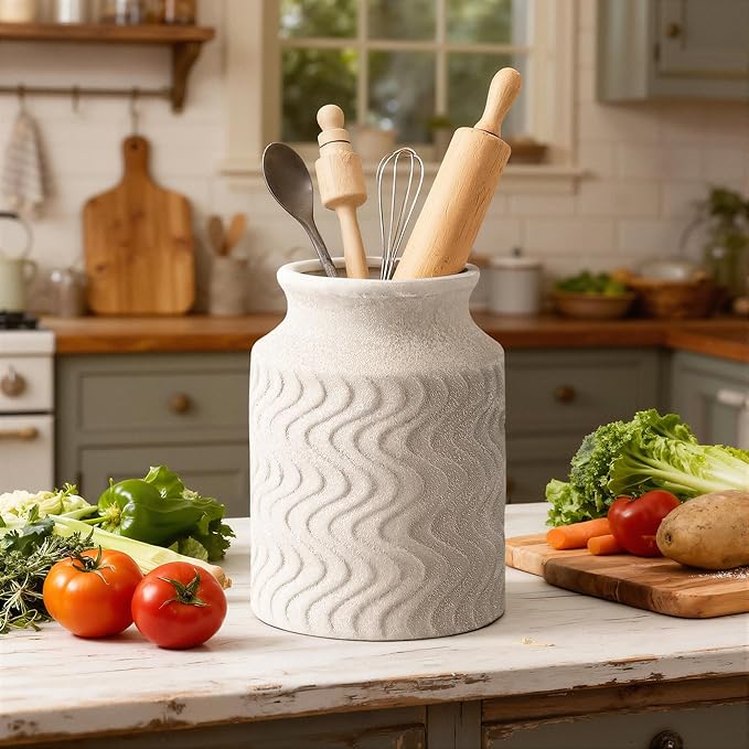 Farmhouse Ceramic Farmhouse Kitchen Utensil Holder for Countertop, Rustic Cooking Utensil Holder Crock Fit for Kitchen Counter