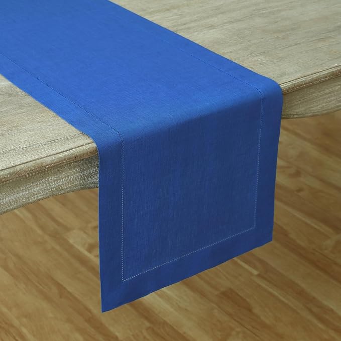 Solino Home Linen Royal Blue Table Runner 132 Inches Long - 100% Pure Linen Extra Long Table Runner 14 x 132 Inch for Summer, 4th of July - Classic Hemstitch