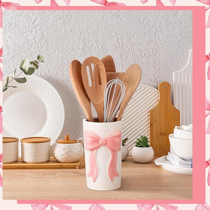 LemonRoad Pink Bow Ceramic Utensil Holder 3D Coquette Handmade Pink Kitchen Decor Gifts Cooking Utensil Crock Preppy Caddy Pen Holder Vase Graduation Gift for College Students
