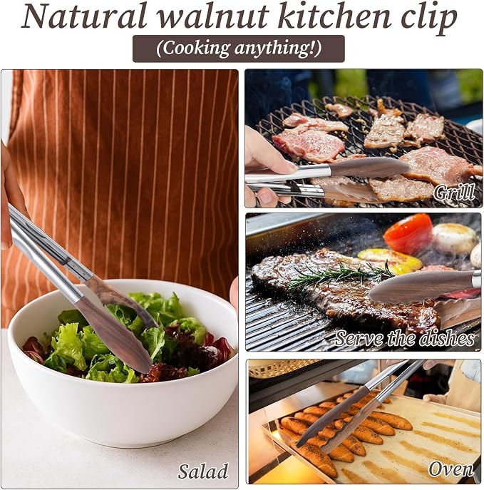 3 Pcs Wooden Tongs for Cooking, 7/9/ 12 Inch Walnut Wood kitchen Tongs Durable Salad Tong with Stainless Steel Handle for Kitchen, Serving Food, BBQ, Buffet - Pull Lock