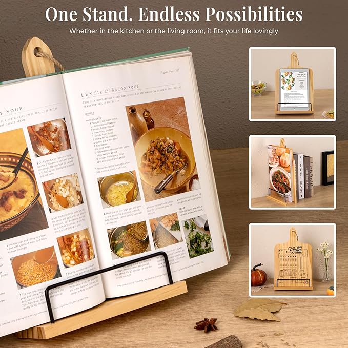 PUERSI Cookbook Stand, Kitchen Gifts for Grandma on Mothers Day, Wooden Recipe Book Holder, Grandmother Mothers Day Gift, Adjustable Cook Book Stand for Kitchen Counter