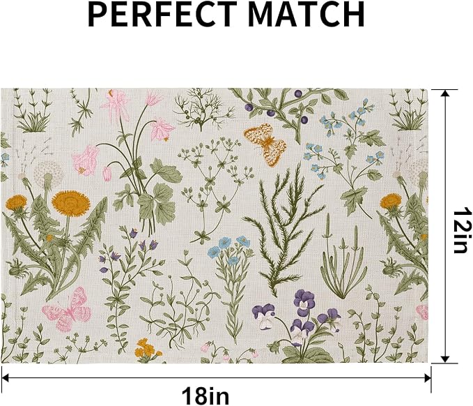 QiyI Boho Placemats Set of 4, 12x18 Inch Linen Fabric Floral Place Mats for Kitchen Dinning, Farmhouse Rustic Cloth Table Mats, Washable Placemat Botanical Party Table Décor, Wildflowers Herbs