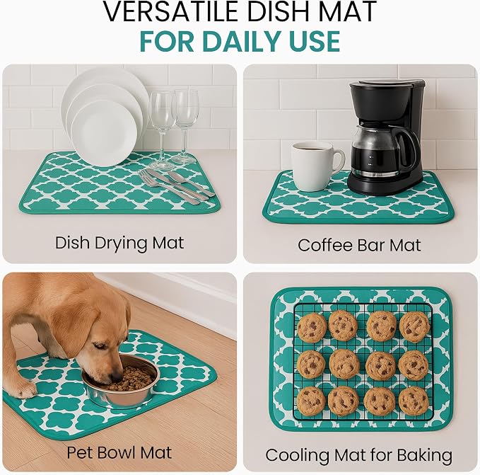 Dish Drying Mat for Kitchen Counter - 18 x 14 Inch Large Super Absorbent Microfiber Dish Drying Pad, Machine Washable Quick Dry Under Dish Rack Mat, Counter Protector for Dishes Pots Pans, Coffee Bar