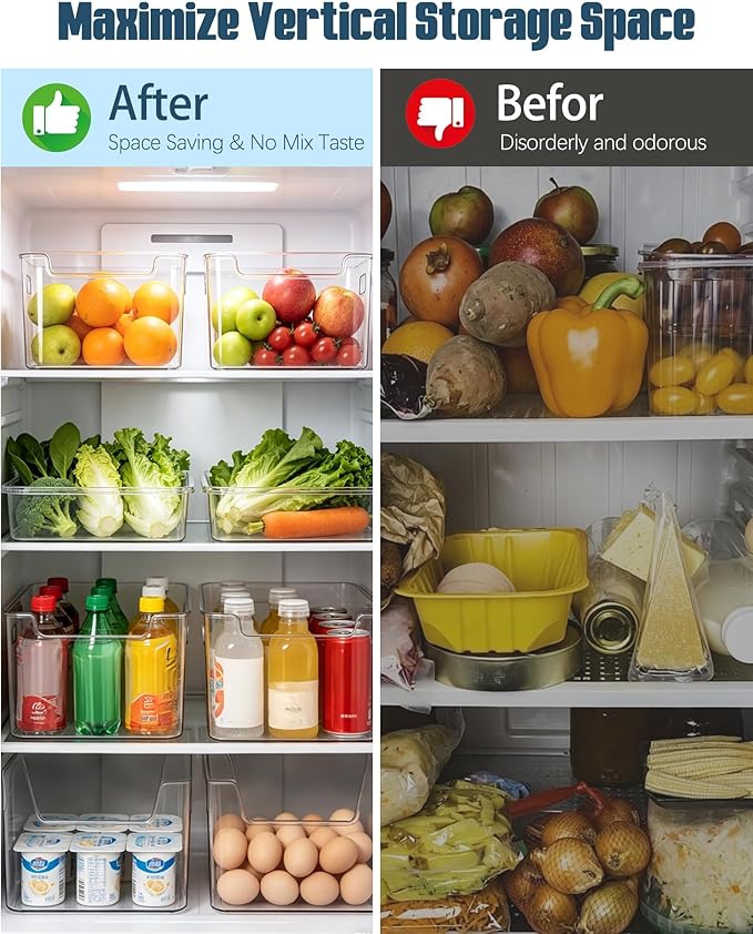Crystal Clear Freezer Storage Bins - 2026 New Clear Plastic Bins for Refrigerator and Pantry, Stackable Kitchen Cabinet Organizer with Handles for Frozen Food, Meat & Veggies (White * 4L)