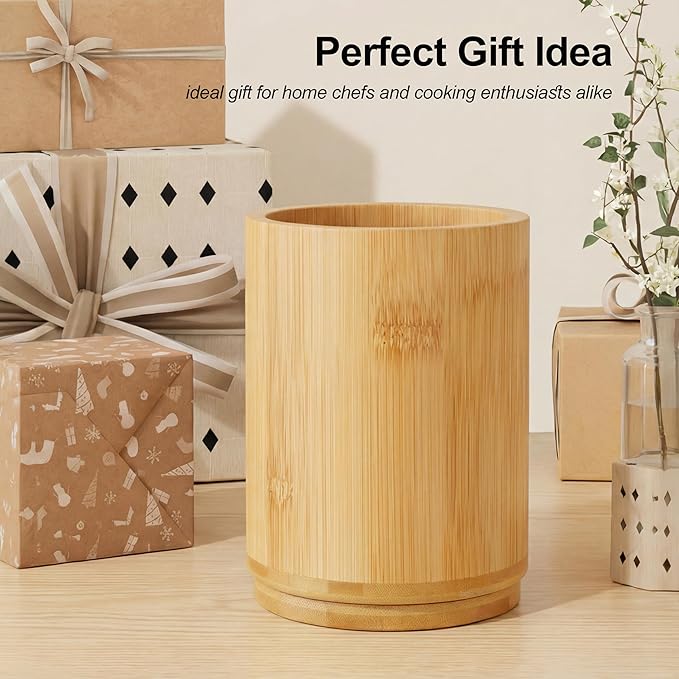ZUJJAFY Bamboo Utensil Holder, 360° Rotating Kitchen Utensil Holder for Counter, 7.2" Large Cooking Utensil Crock for Countertop, Utensils Organizer for Cooking Spatula Storage