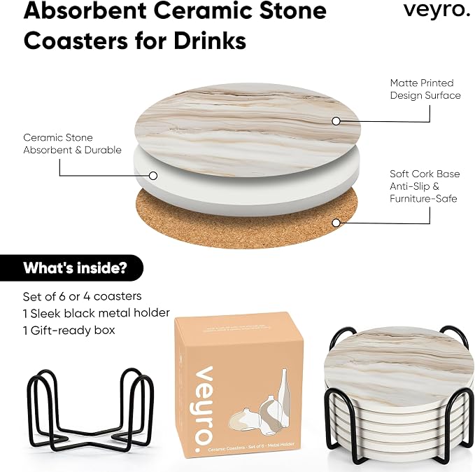 VEYRO Ceramic Coasters Set of 4 – Absorbent Stone Drink Coasters with Holder, Non-Slip Cork Backing, Modern Marble Look Coasters for Coffee Table, Desk & Home Decor