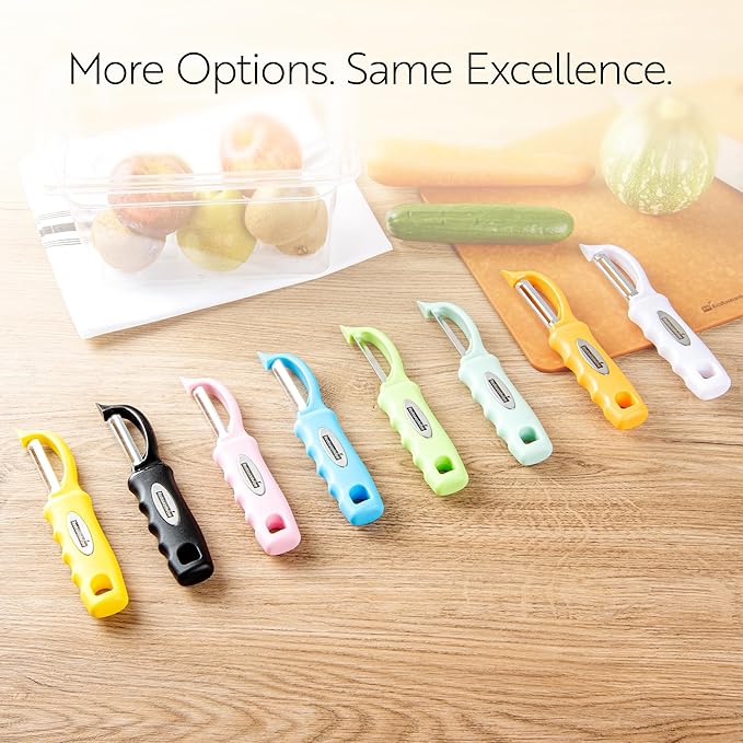 Restaurantware Comfy Grip 7.5 Inch Vegetable Peeler 1 Durable Potato Peeler - Sharp Swivel Blade Ambidextrous Handle Blue Stainless Steel Veggie Peeler Built-In Blemish Remover