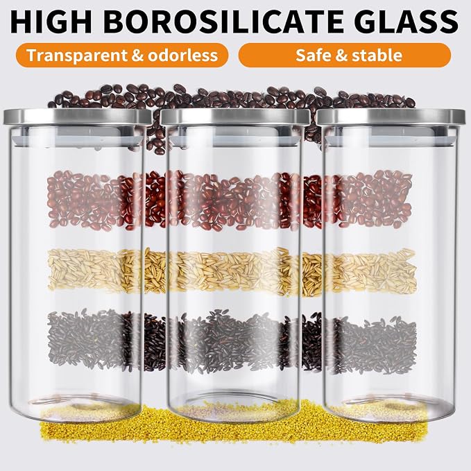 DTUQYX Coffee Container Set, Glass Canister with Airtight Lids, Stainless Steel Scoops, 45oz Coffee Bean Storage Jars with Shelf and Spoon(3 Jars)