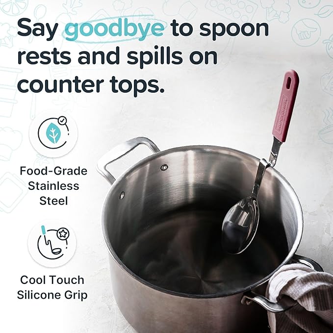 Souper Cubes + Lori Greiner No Mess Stainless Steel Cooking Spoon with Silicone Handle - Stainless Steel Serving Spoon No Mess Design Hooks on Side of Any Pot - Cranberry