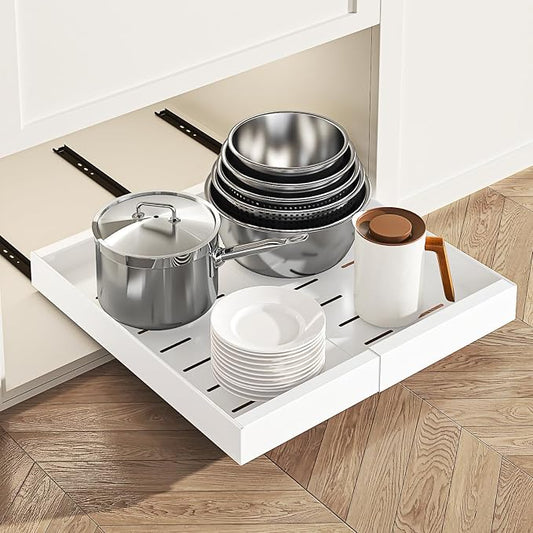 Expandable Pull Out Cabinet Organizer, Slide Out Cabinet Shelves with 3 Quiet Rails, Nano Adhesive No Drill Roll Out Drawers for Kitchen, Pantry, Bathroom, 12.6"-20.4" W x 21" D, White